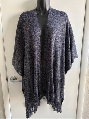 NWT Chico's Blue Metallic Marled Fringe Shawl Knit Shrug SZ OS